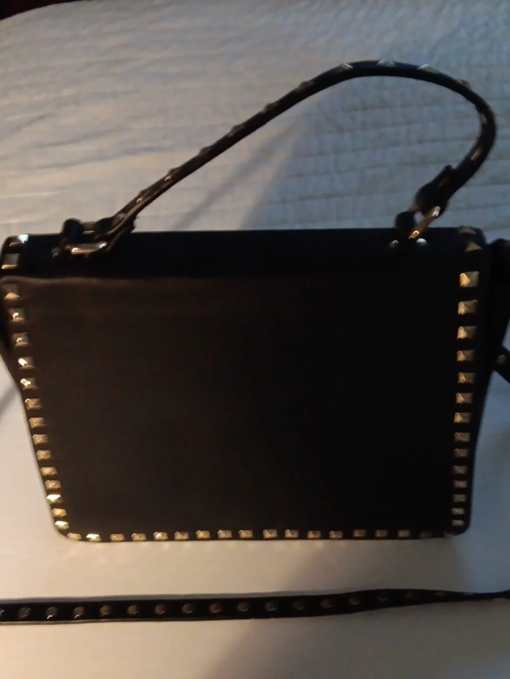 Inzi Designer Like Black Gold Stud Satchel with Top Handle and Removable Strap